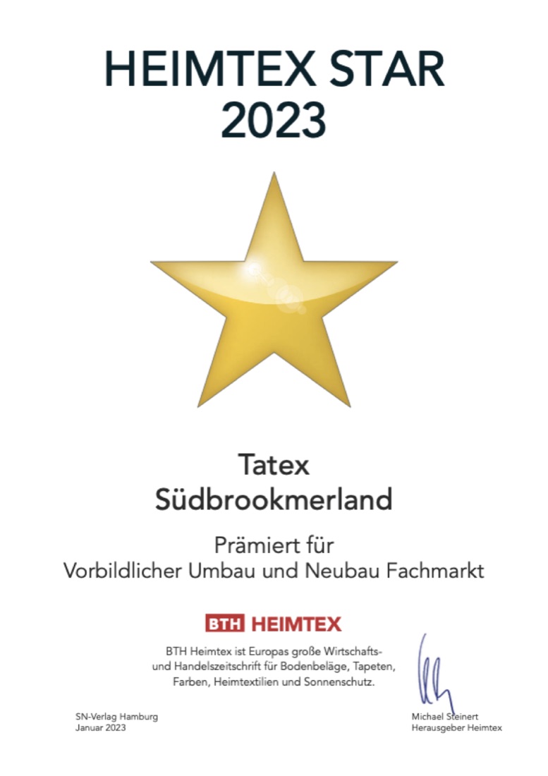Urkunde: Heimtex Star 2023 für Team Tatex